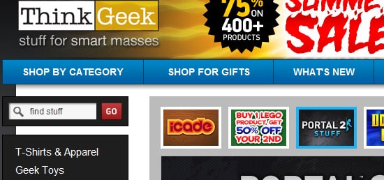 ThinkGeek  features a search box at the top of their vertical product navigation menu